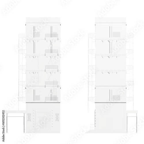 Polygonal building floor plan in black and white, featuring numerous windows and architectural details.