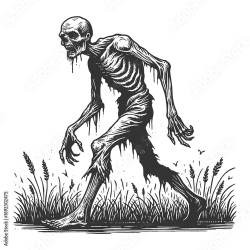 zombie walking at Halloween party sketch engraving generative ai fictional character vector illustration. Scratch board. Black and white image