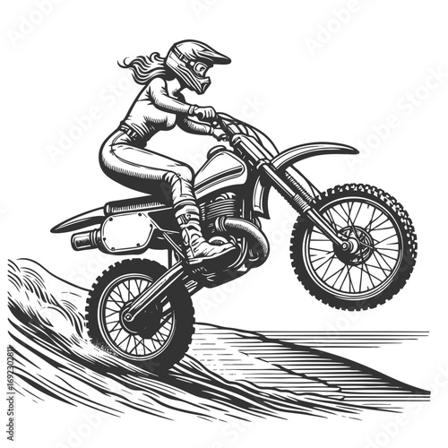woman riding a motocross bike uphill, showcasing energy, power, and extreme sports sketch engraving generative ai fictional character vector illustration. Scratch board imitation. Black and white.