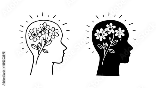 Flourishing Mind with Blooming Flowers Icons in Outline and Solid Black Vector Icon Style