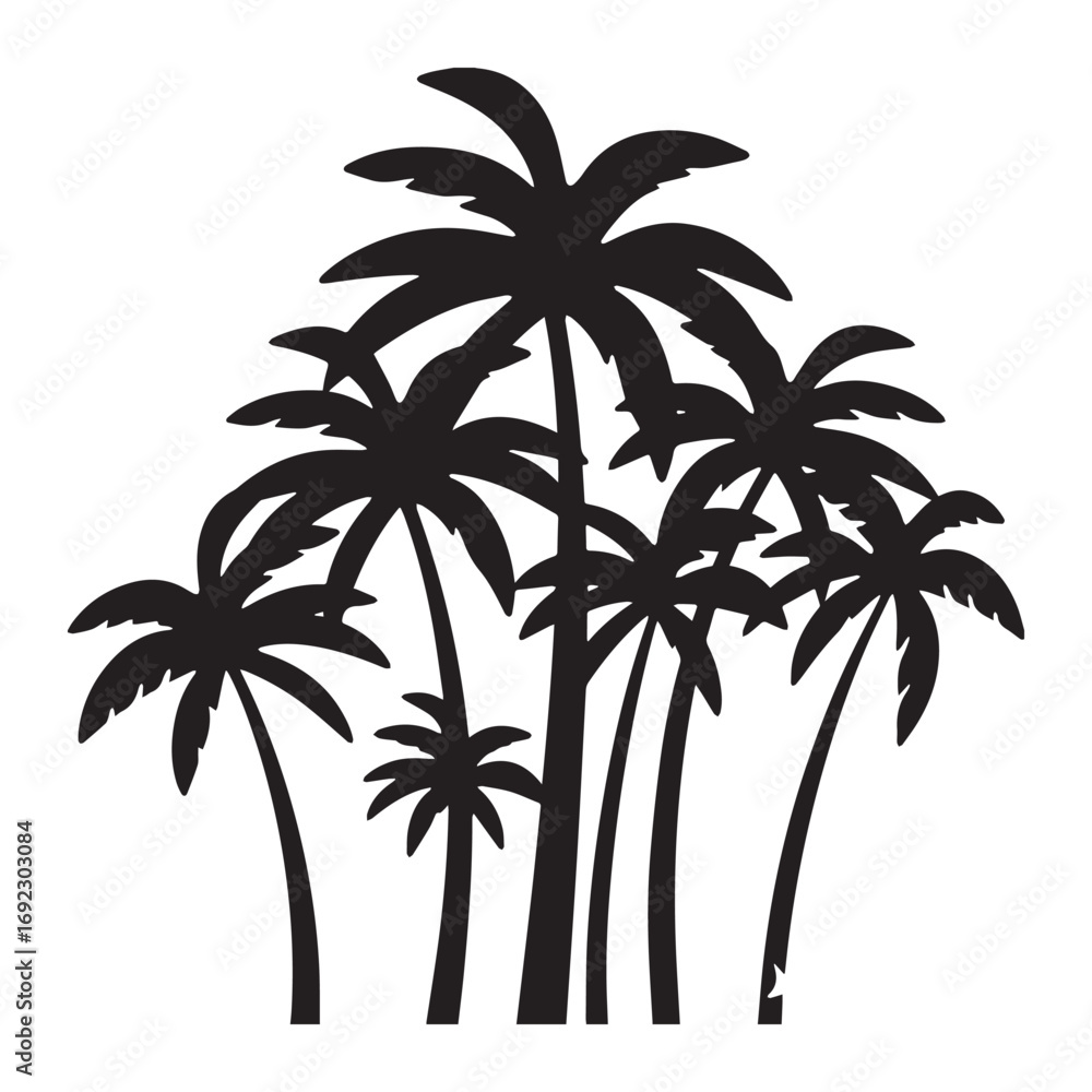 Fototapeta premium A group of black palm trees silhouettes against a white background.