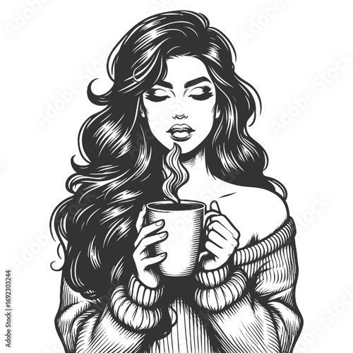 sensual woman in a cozy off-shoulder sweater holding a steaming mug of coffee sketch engraving generative ai fictional character vector illustration. Scratch board imitation. Black and white image.