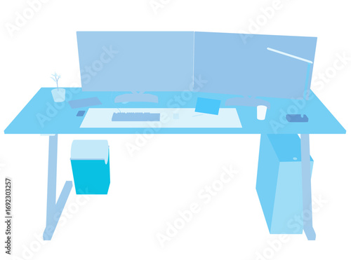An animated blue desk setup with computer monitor, keyboard, mouse, and plant in a pot, featuring a mobile phone and dustbin in silhouette style.