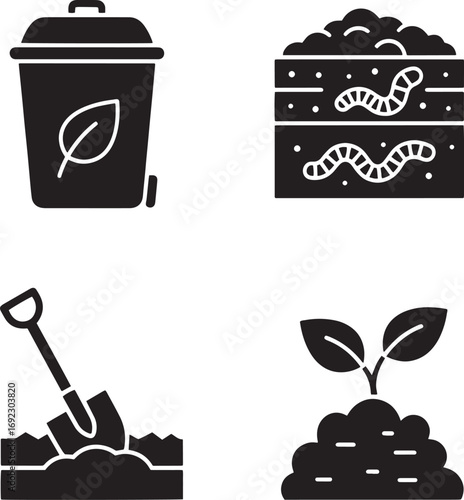 Composting and Gardening Icons – Bin, Worms, Shovel, and Sprout Vector Set