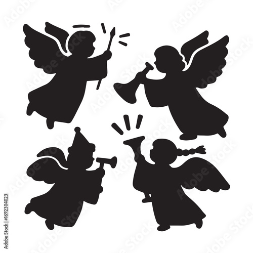 A set of black various style Christmas angels silhouettes isolated on a white background.