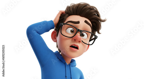 A confused young man with glasses scratching his head, looking bewildered.