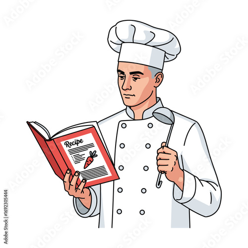 Serious Chef Reading Recipe Book, Ladle in Hand, Cartoon Style Illustration