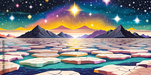 Glowing salt flats under starlit sky in Bolivia, surreal landscape, natural wonder