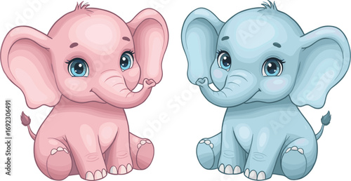 Adorable cartoon baby elephants illustration, pink elephant and blue elephant sitting together, cute animal character design for children and nursery decoration