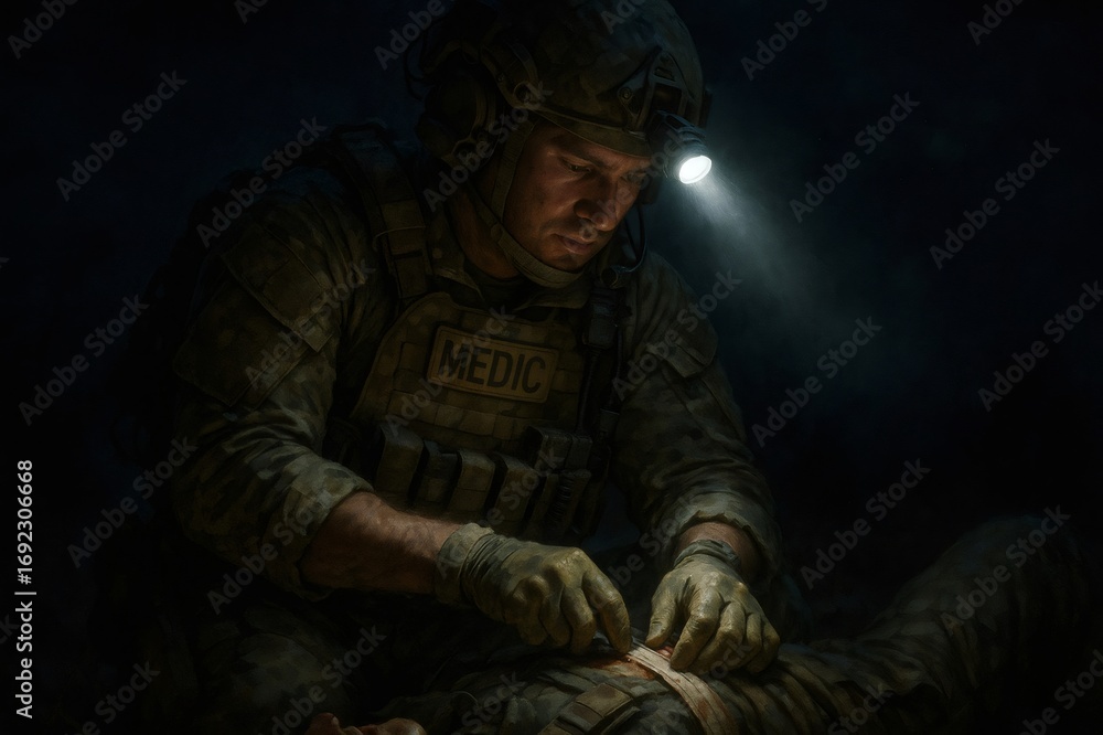 Obraz premium Combat medic applying bandage to wounded soldier during a nighttime operation, using headlamp for illumination