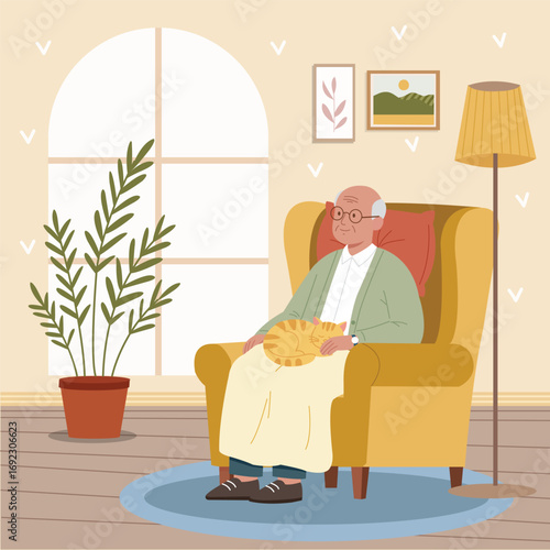 Illustration of a 75 year old sitting in a yellow armchair