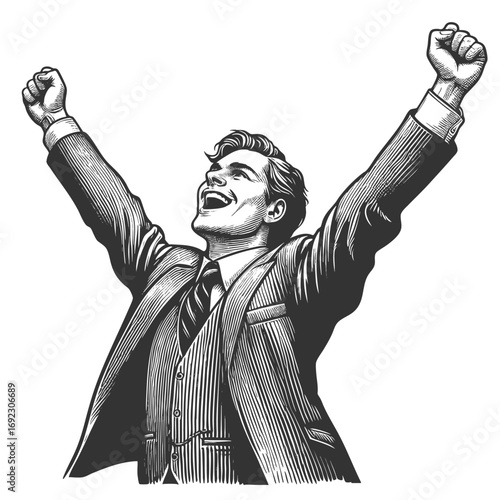 businessman in a suit raising his arms in triumph, symbolizing victory and achievement sketch engraving generative ai fictional character vector illustration. Scratch board. Black and white image.