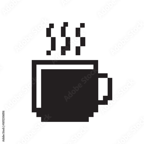 Pixel art coffee cup sticker. 8-bit retro video game style hot drink mug icon. Steaming black silhouette illustration isolated on white background.
