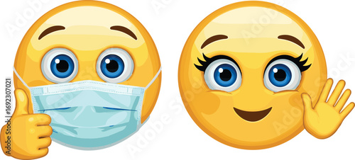 Funny cartoon emoji with medical face mask showing thumbs up, cute smiling emoji girl waving hand, vector illustration for health, happiness