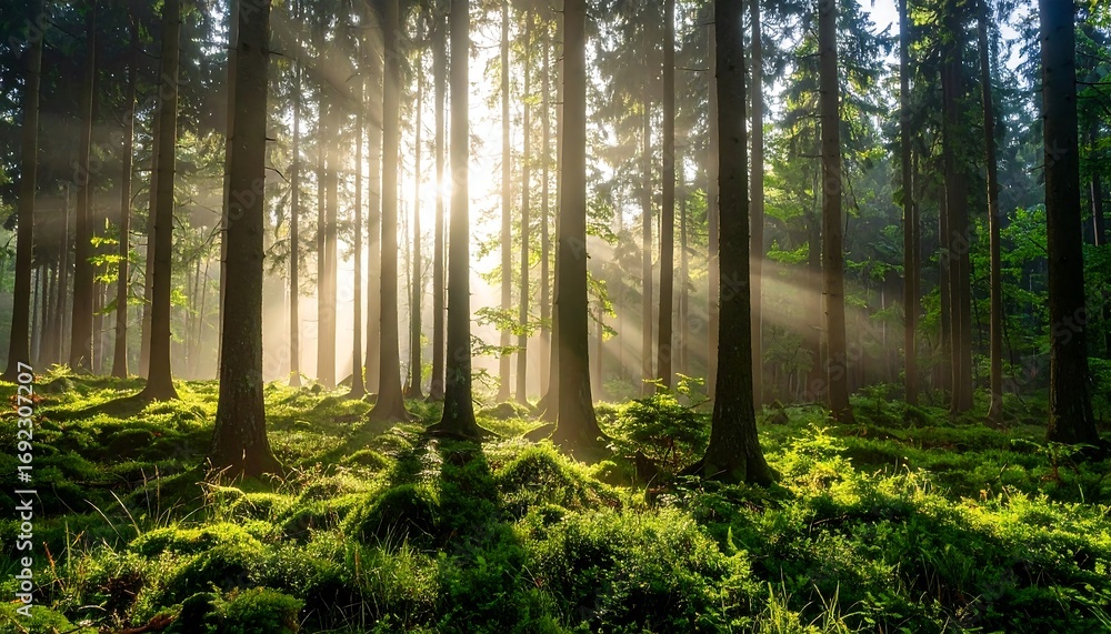 Obraz premium Sunlight streams through a misty forest