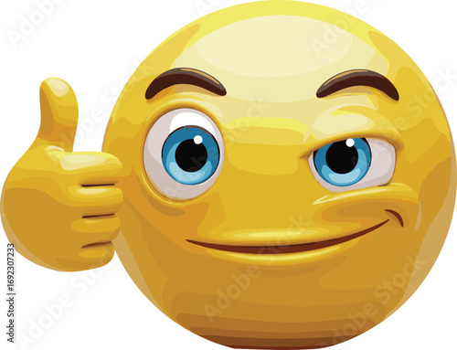 Cartoon emoji face with blue eyes showing thumbs up gesture, confident expression, approval emoticon symbol for success, agreement and positivity illustration