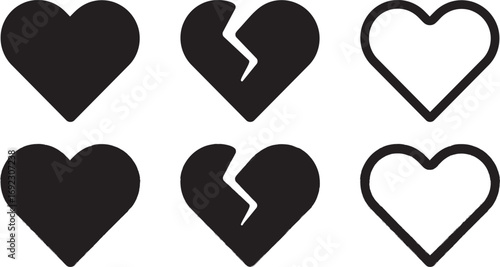 Black hearts set including solid, broken, and outlined styles on transparent background, hand-drawn love and heartbreak icons for Valentine’s Day, emotions, graphic design, isolated vector brush