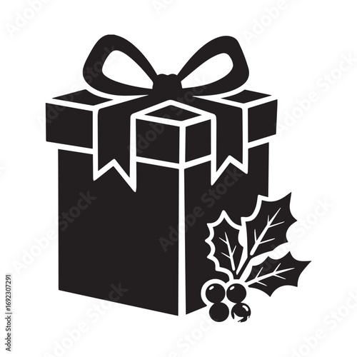 A vector illustration of a Christmas gift box silhouette against a white background.