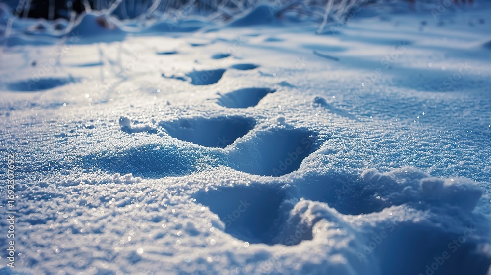 Obraz premium Winter’s Silent Story: Charming Winter Footprints in Snow – A Trail of Boot, Sock, or Animal Prints Crisscrossing Fresh, Fluffy Snow, Each Impression Preserving Tiny Details of Treads or Paws