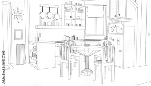 A kitchen coloring page sketch with table, chairs, refrigerator, and hanging utensils in a cozy apartment contour drawing for children to color.