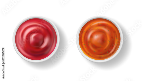 Tomato sauce, isolated set of ketchup or marinara, paprika or chilly pepper. Vector realistic culinary ingredients for dishes and meals. Cuisine and cooking, dips for food, bowls with size portion