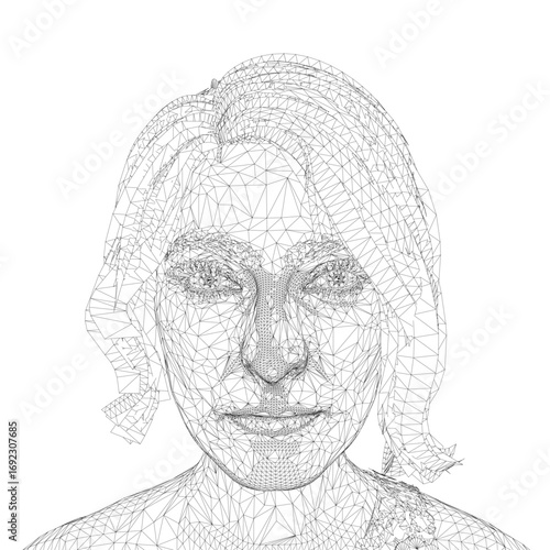 Black and white wireframe portrait of a woman's face, created with 3D modeling software on a clean white background.