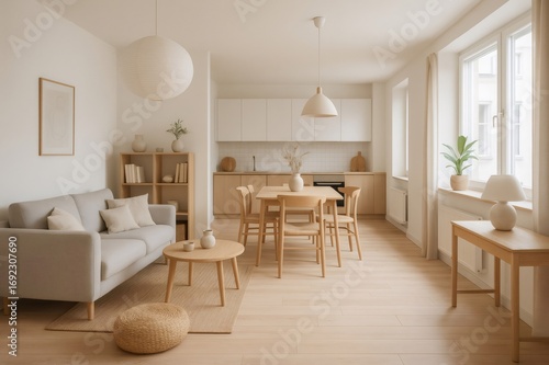 Interior of a modern open plan apartment with kitchen and living room featuring scandinavian design and wooden furniture