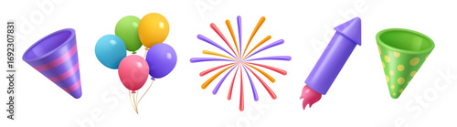 Cone hat, party clapper and confetti stripes. Vector isolated 3d icon, pyrotechnics and firecrackers, balloons for celebration of holiday or special occasion. Firework with colors, birthday festivity