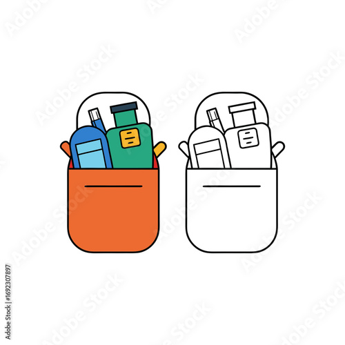 Colorful toiletry bag with bottles and accessories
