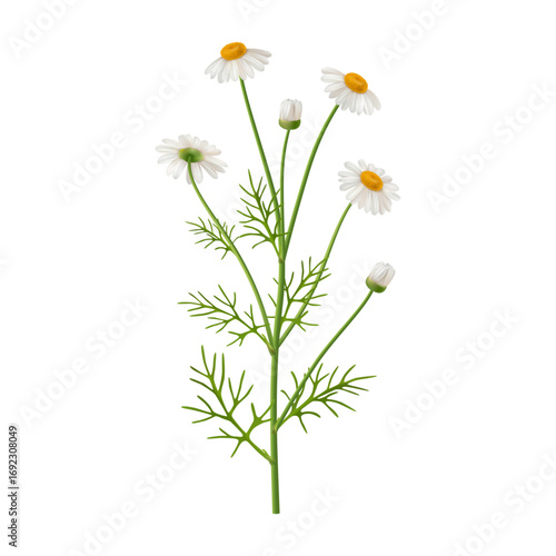 Chamomile flower with leaves and foliage on stem. Vector realistic, isolated herbal design of florist bouquet arrangement. Flourishing buds and greenery of summer or spring, branches of grass