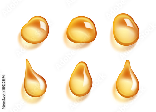 Oil drops. Vector isolated honey globule falling, gasoline golden droplet collection. Gold capsule of liquid vitamin, dripping lotion. Shiny fluid amber colored dews of fuel or collagen production