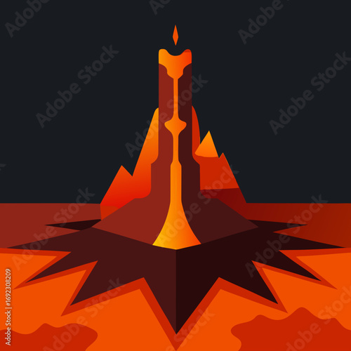 Stylized volcano erupting with lava flow and jagged peaks