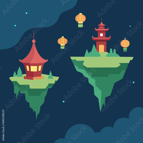Floating islands with pagodas and lanterns in a night sky