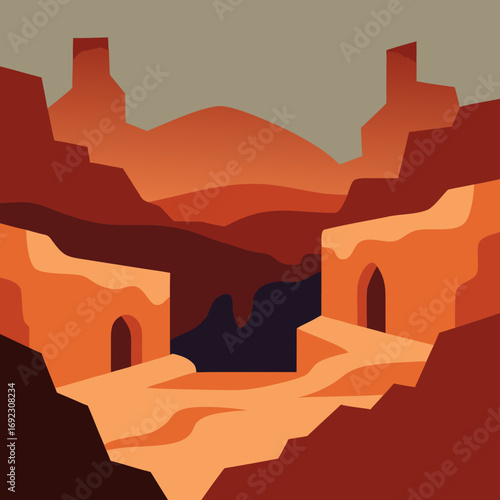 Abstract desert landscape with ancient ruins and arches