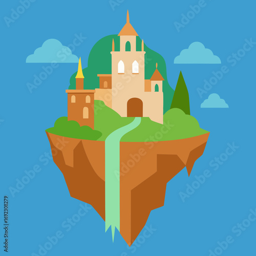 Fantasy floating island castle with waterfall and clouds