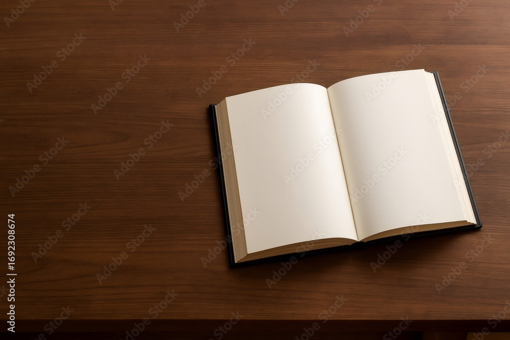 Fototapeta premium Open book resting on a wooden desk, featuring blank pages that offer ample copy space for text, designs, or creative ideas