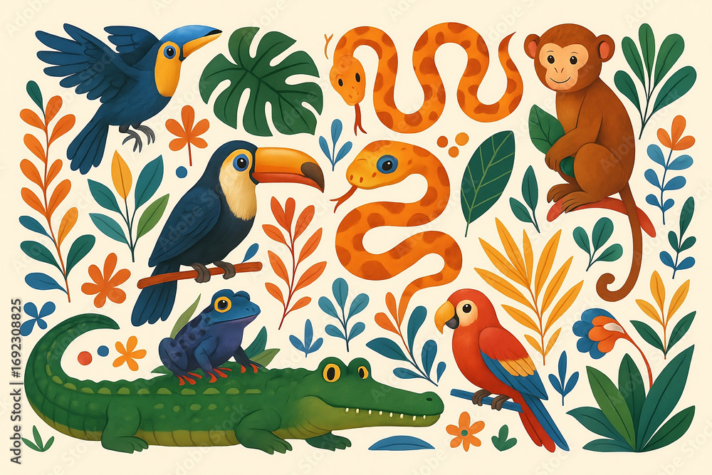 exotic tropical leaves wild animals stickers birds jungle plants trees leaves flowers set jungle cartoon illustration