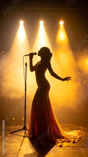 Silhouette of a woman singing on stage