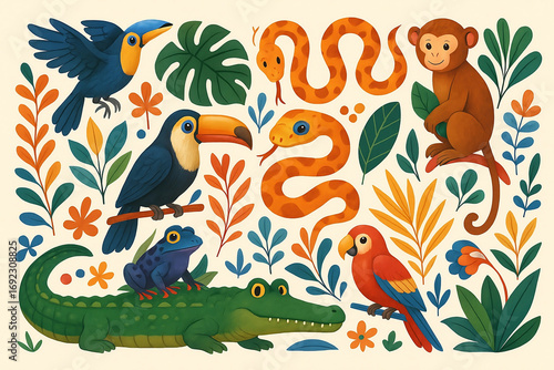 exotic tropical leaves wild animals stickers birds jungle plants trees leaves flowers set jungle cartoon illustration