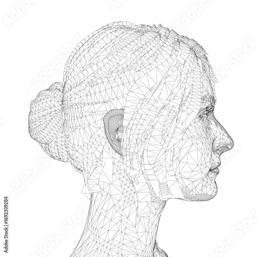 A woman's face in black and white wireframe with a bun hairstyle, composed of intricate geometric shapes and lines against a clean white background.