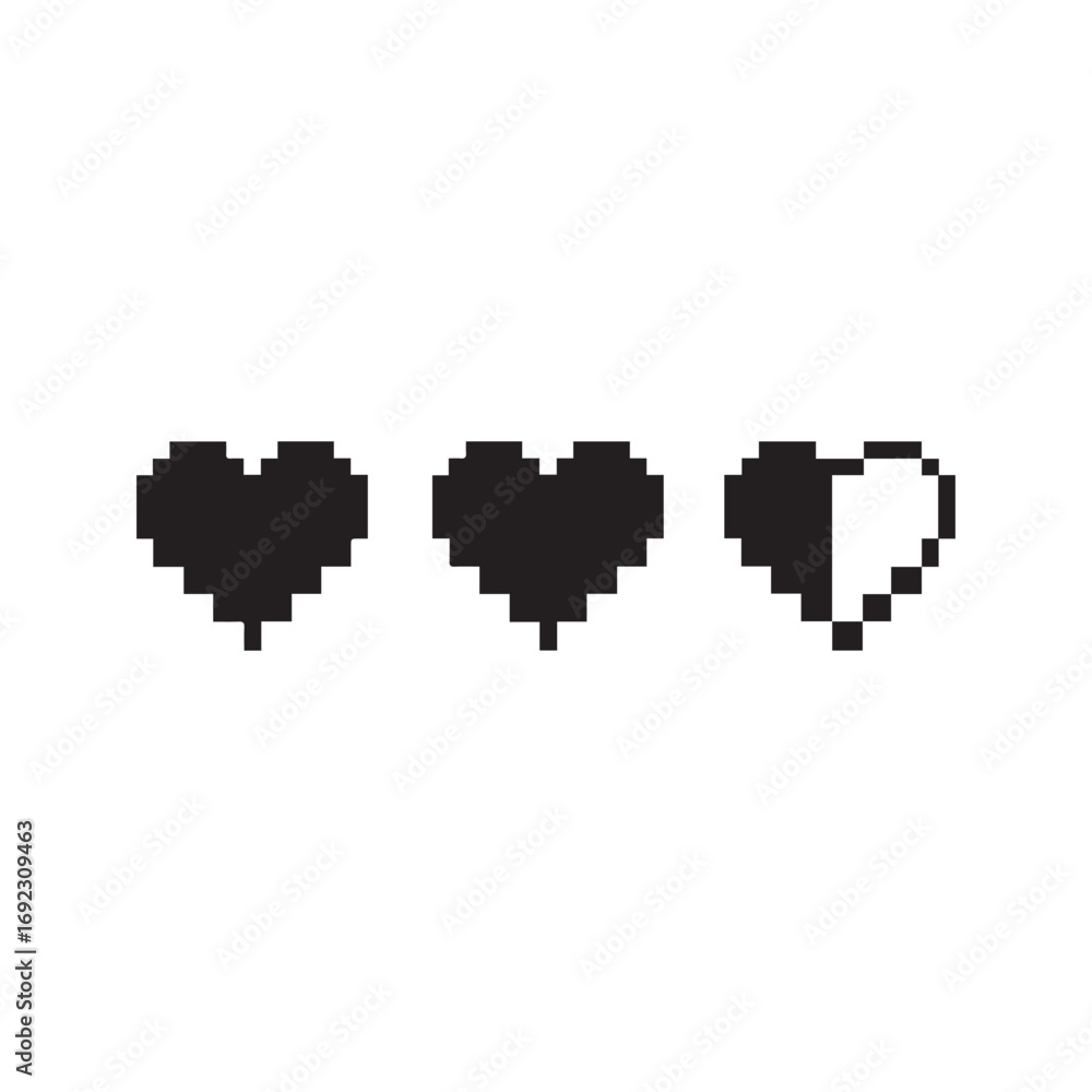 Fototapeta premium Pixel art hearts life bar. 8-bit retro video game health icon set. Black silhouette of full and half heart lives isolated on white background. 