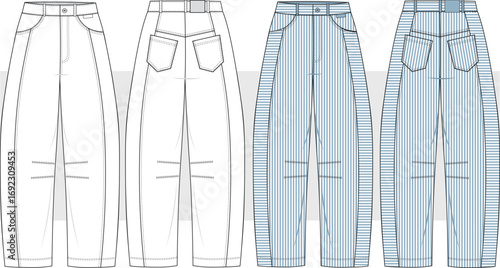 Unisex Striped Baggy jeans fashion technical drawing, illustration. Boyfriend - Mom-fit Jeans vector. Front and Back View. Fashion Flat Sketch, Vector. CAD, Mockup set. 