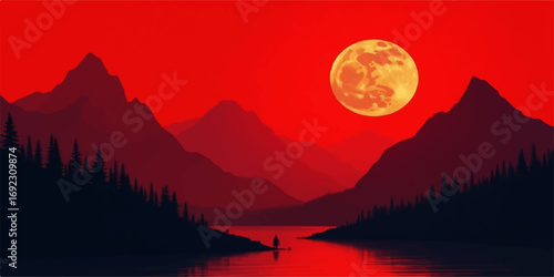 Morning sun rises over misty mountain peaks and a serene lake