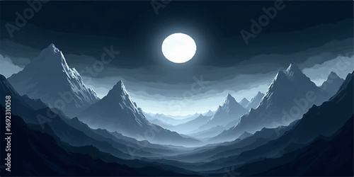 Sunrise bathes a panoramic mountain landscape in a soft glow, with snow-capped peaks rising into a cloudy sky