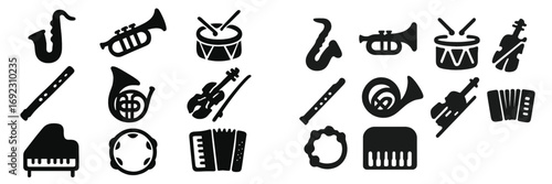 Musical instrument icon set with black silhouettes of saxophone, trumpet, drum, violin, piano, and accordion for music and orchestra concepts