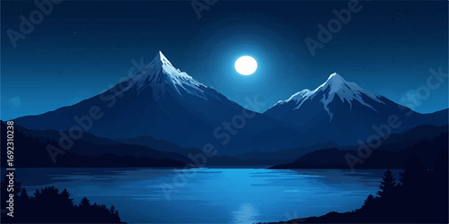 Snowy mountain peaks reflect in the still lake water under a starry sky