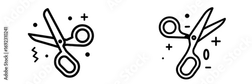 Scissors icon set in a hand-drawn doodle style, black and white line art for cutting and crafting concepts