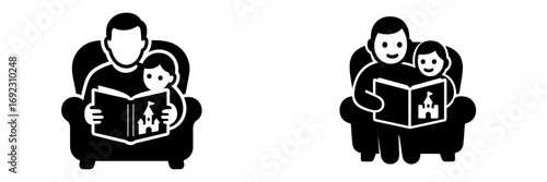 Black and white icon set of a father reading a fairy tale book to his child on an armchair representing family bonding time