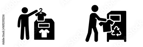 Clothing donation and textile recycling icons with a person putting a shirt in a bin for charity and reuse