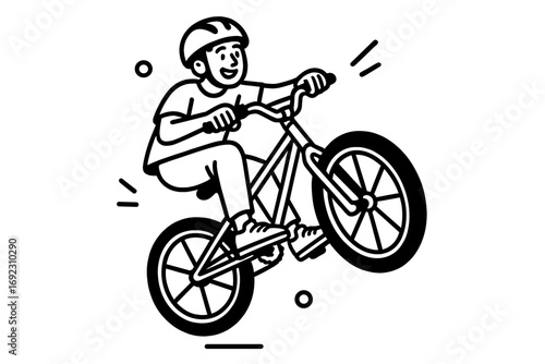 Black and white line art of a happy kid in a helmet doing a wheelie trick on a BMX bike in a simple graphic style